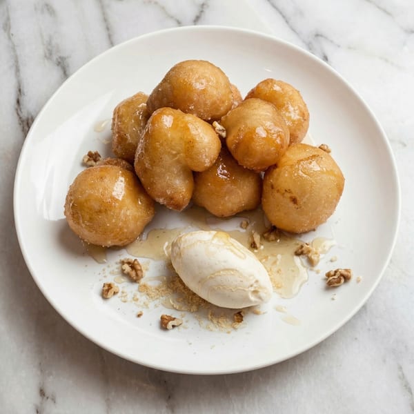 Golden-brown Greek Loukoumades drizzled with honey, walnuts, and a scoop of vanilla ice cream.