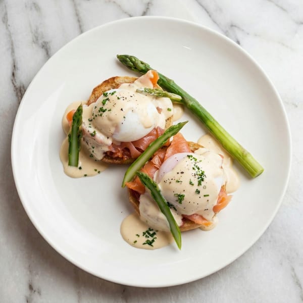 Two servings of eggs Benedict with smoked salmon, asparagus, and hollandaise sauce on a white plate.