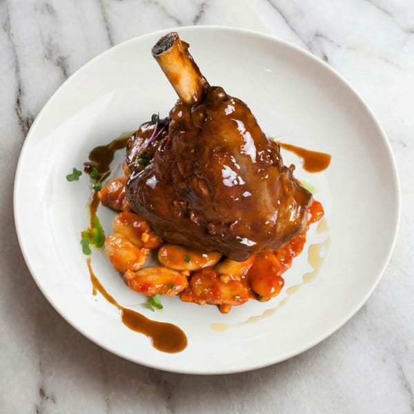 Braised lamb shank with bone, glazed in a rich brown sauce, served over orange gnocchi.