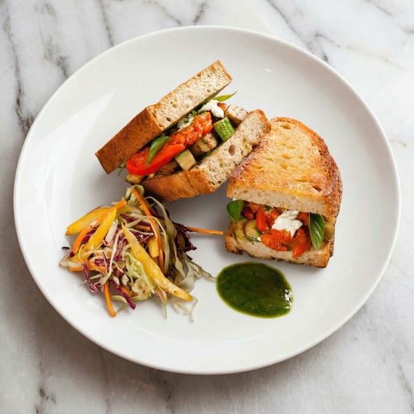 Grilled vegetable sandwich with fresh mozzarella, basil, and a side of colorful slaw and green sauce.
