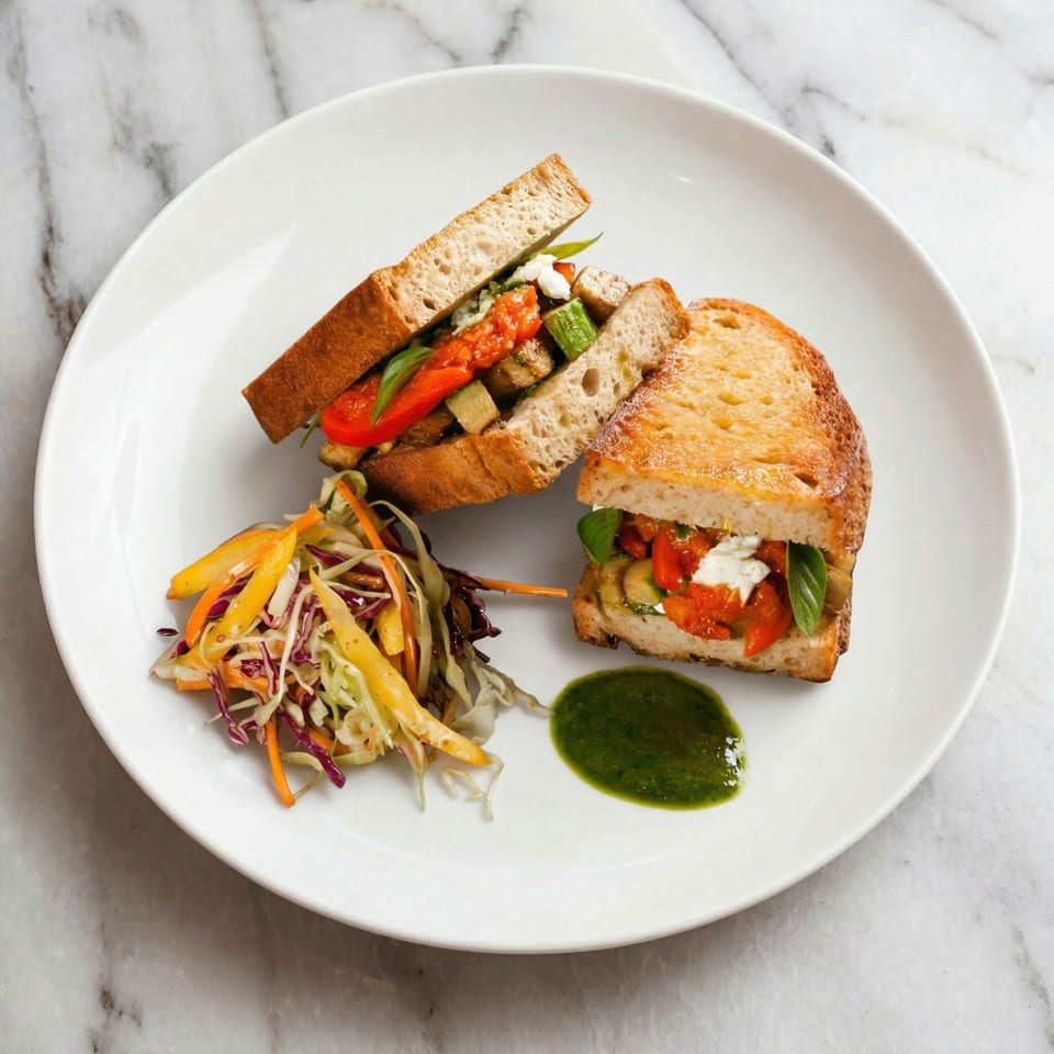 Grilled vegetable sandwich with fresh mozzarella, basil, and a side of colorful slaw and green sauce.