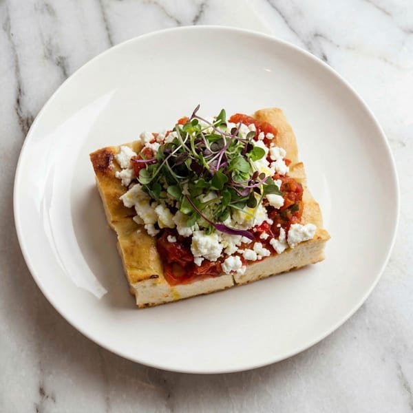 A rectangular focaccia bread topped with red sauce, white cheese crumbles, and microgreens on a white plate.