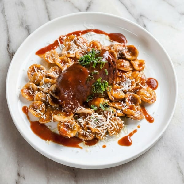 Orecchiette pasta with a rich brown sauce, topped with shredded cheese and green onions.