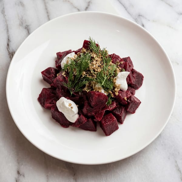 Diced red beets with dollops of white cream, dill sprigs, and grains on a white plate.