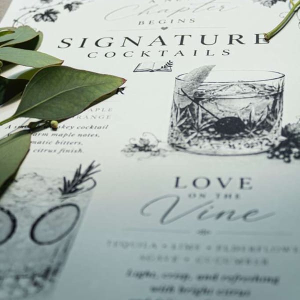 Cocktail menu featuring a crystal tumbler with ice, greenery, and illustrated botanical designs.
